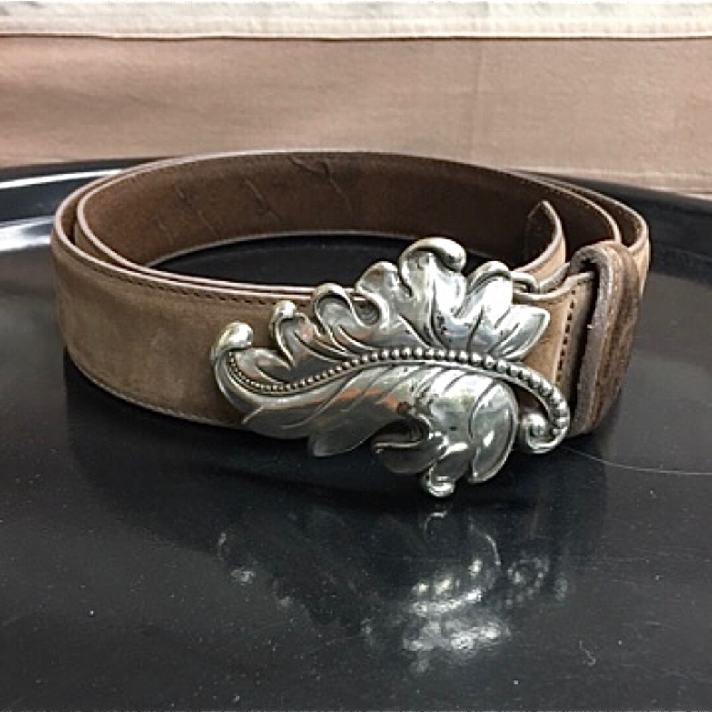 Leather Belt with Silver Leaf Buckle